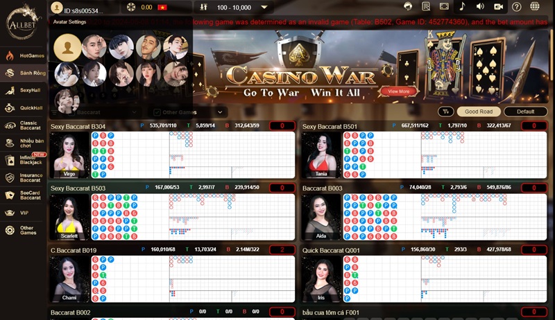 AllBet Casino chia phòng chơi rõ ràng