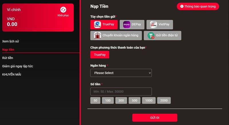 Nạp tiền trước khi cá cược Card Matka